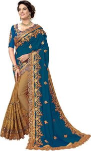 Embroidered Fashion Silk Blend Saree  (Dark Blue)