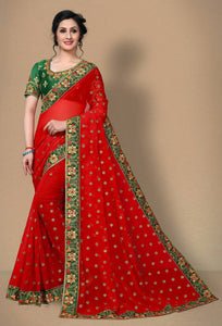 Women's Red Embroidery Georgette Designer Saree With Blouse