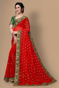 Women's Red Embroidery Georgette Designer Saree With Blouse
