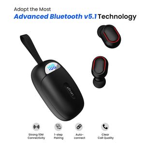 True Wireless Earbuds with mic, Bluetooth 5.1, with Deep Bass, Upto to 5 Hrs Playtime, Passive Noise Cancelation, Digital Display Case (Black)